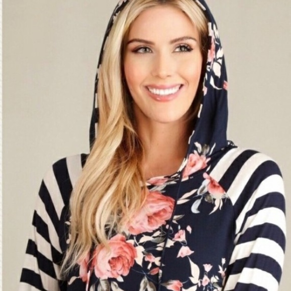 ValMarie Tops - NAVY BLUE WHITE STRIPED HOODED TOP